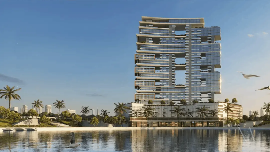 Panoramic view of Radiant Marina Towers with marina, canal, and landscaped surroundings at sunset.png