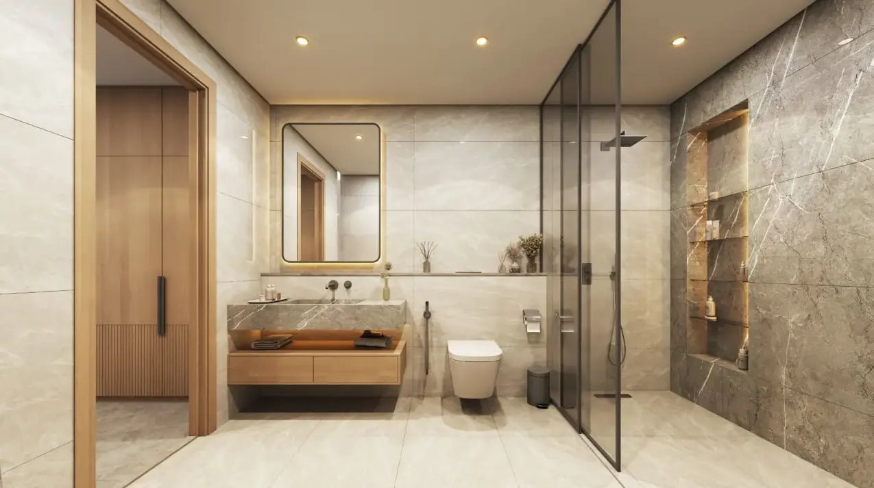 Double-height luxury penthouse living area with floor-to-ceiling glass paneling and sea views at Rotana Residences Abu Dhabi..PNG