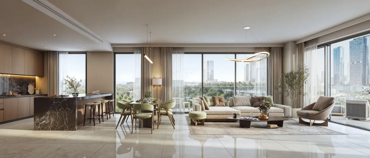 Sunlit luxury master bedroom interior featuring custom fitted wardrobes and contemporary decor at Rotana Residences in Al Reem Island Abu Dhabi..PNG