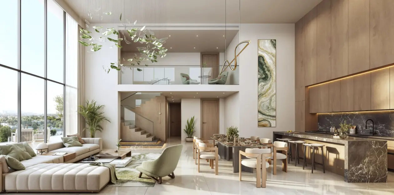 Spacious modern living room with floor-to-ceiling windows and panoramic sea views at Rotana Residences on Al Reem Island Abu Dhabi..PNG