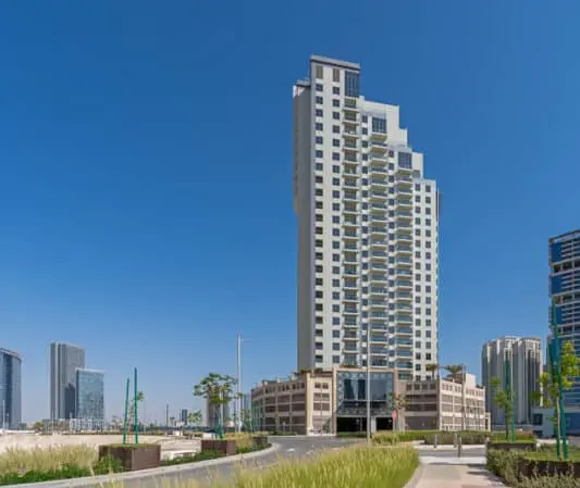 Scenic waterfront promenade and high-rise skyline view surrounding Marina Rise Tower in Al Reem Island Abu Dhabi.