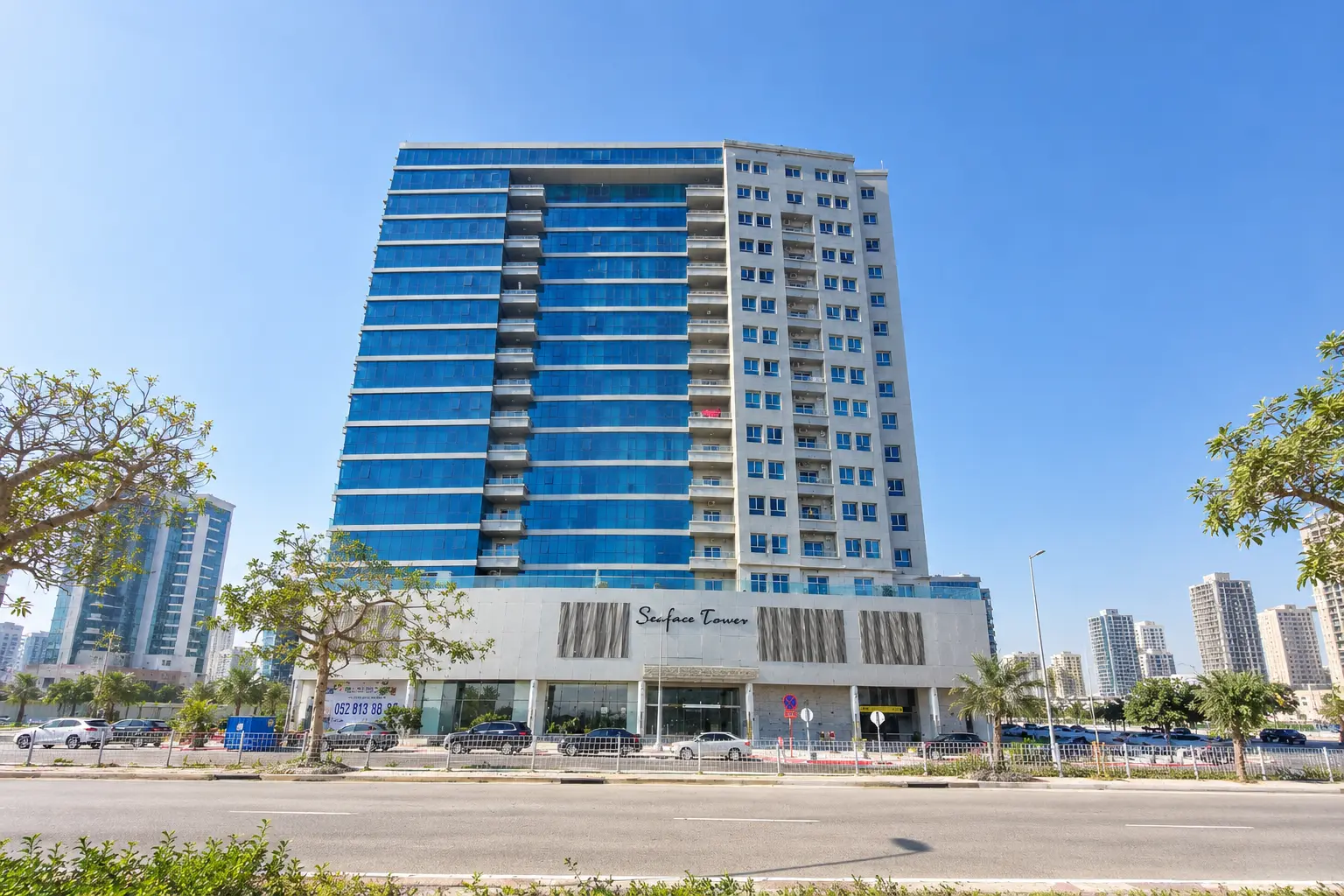 Night view of the Sea Face Tower exterior in Shams Abu Dhabi Al Reem Island