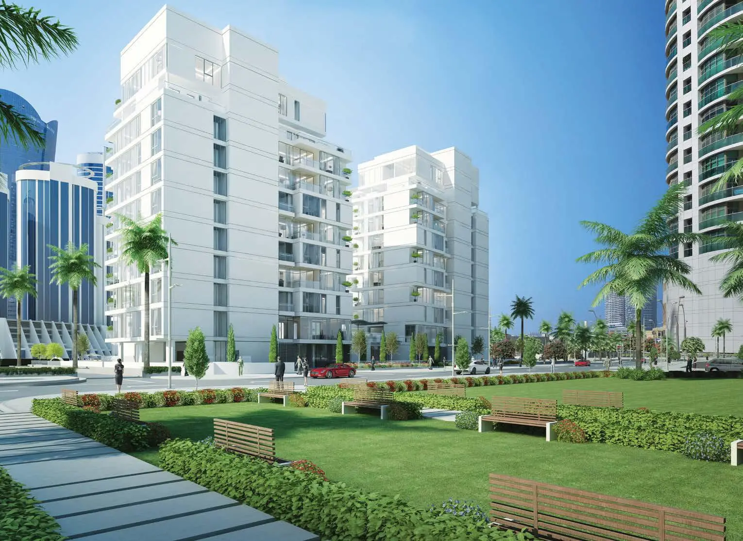 Modern residential entrance lobby exterior of Yasmina Residence in Shams Abu Dhabi, UAE.