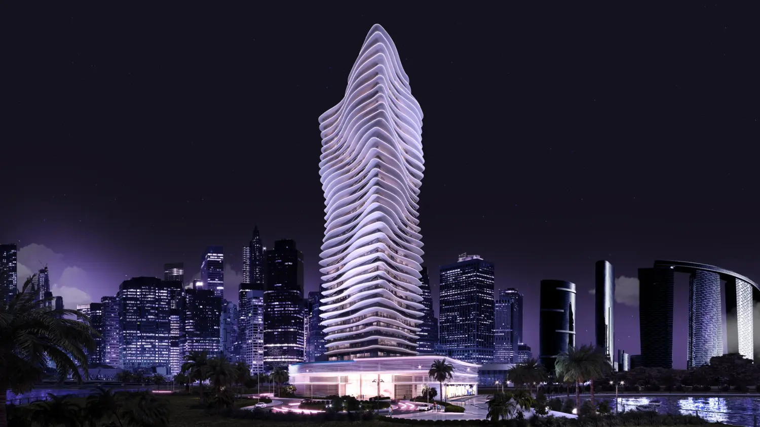 Architectural rendering of Elie Saab Waterfront Al Reem Island Abu Dhabi showcasing luxury residential skyscraper design during daytime.