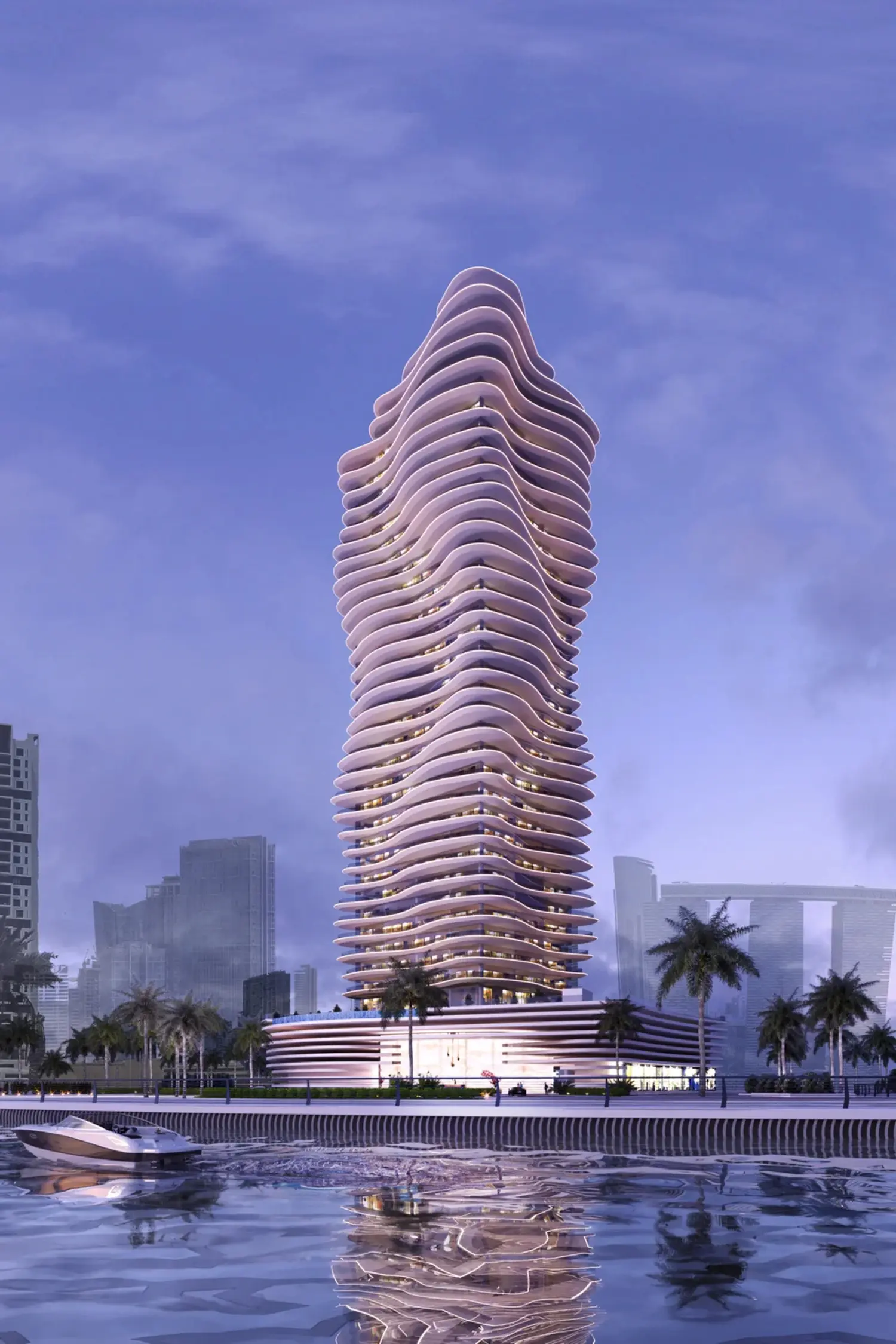 Illuminated modern high-rise tower facade at Elie Saab Waterfront Abu Dhabi presenting premium real estate luxury living.