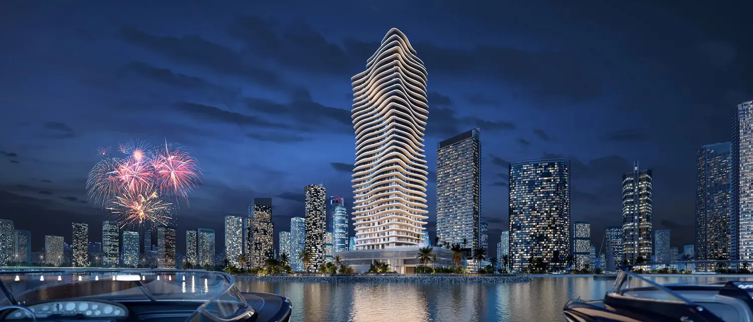 Aerial view rendering of Elie Saab Waterfront Abu Dhabi showcasing its prominent coastal location and waterfront positioning.