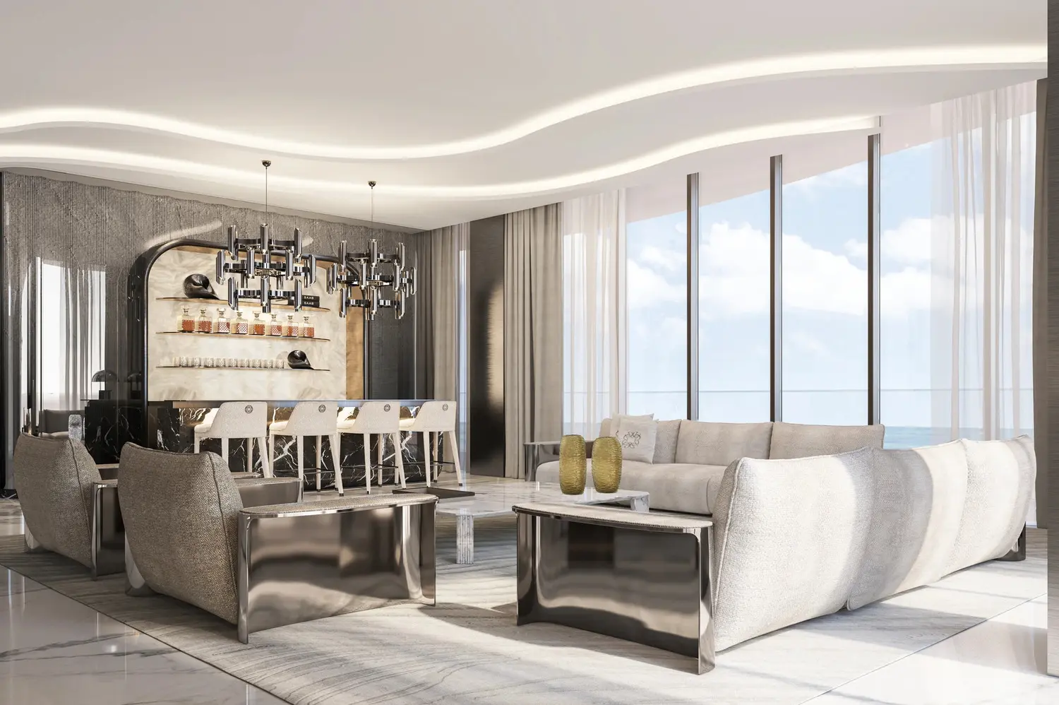Premium apartment living room at Elie Saab Waterfront Abu Dhabi seamlessly connecting to a private panoramic glass balcony.