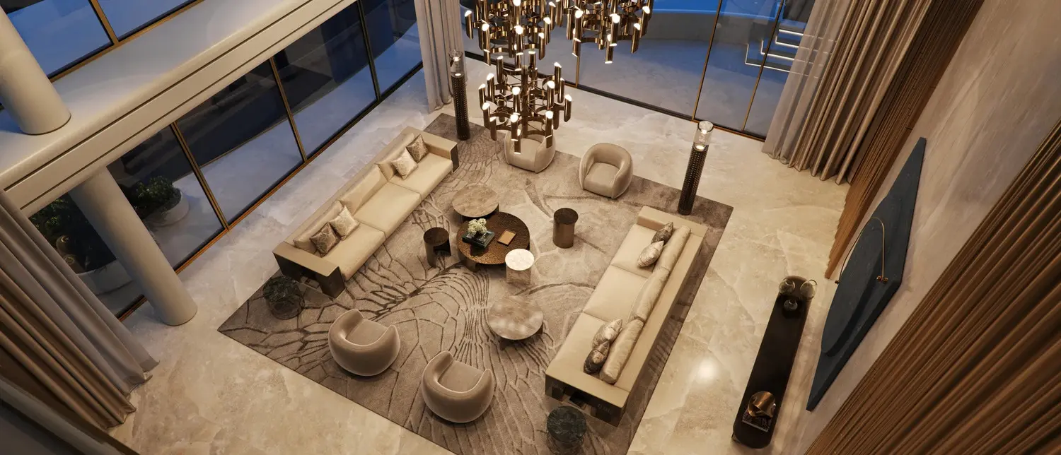 Grand entrance foyer of a luxury apartment at Elie Saab Waterfront Al Reem Island reflecting elegant interior design.