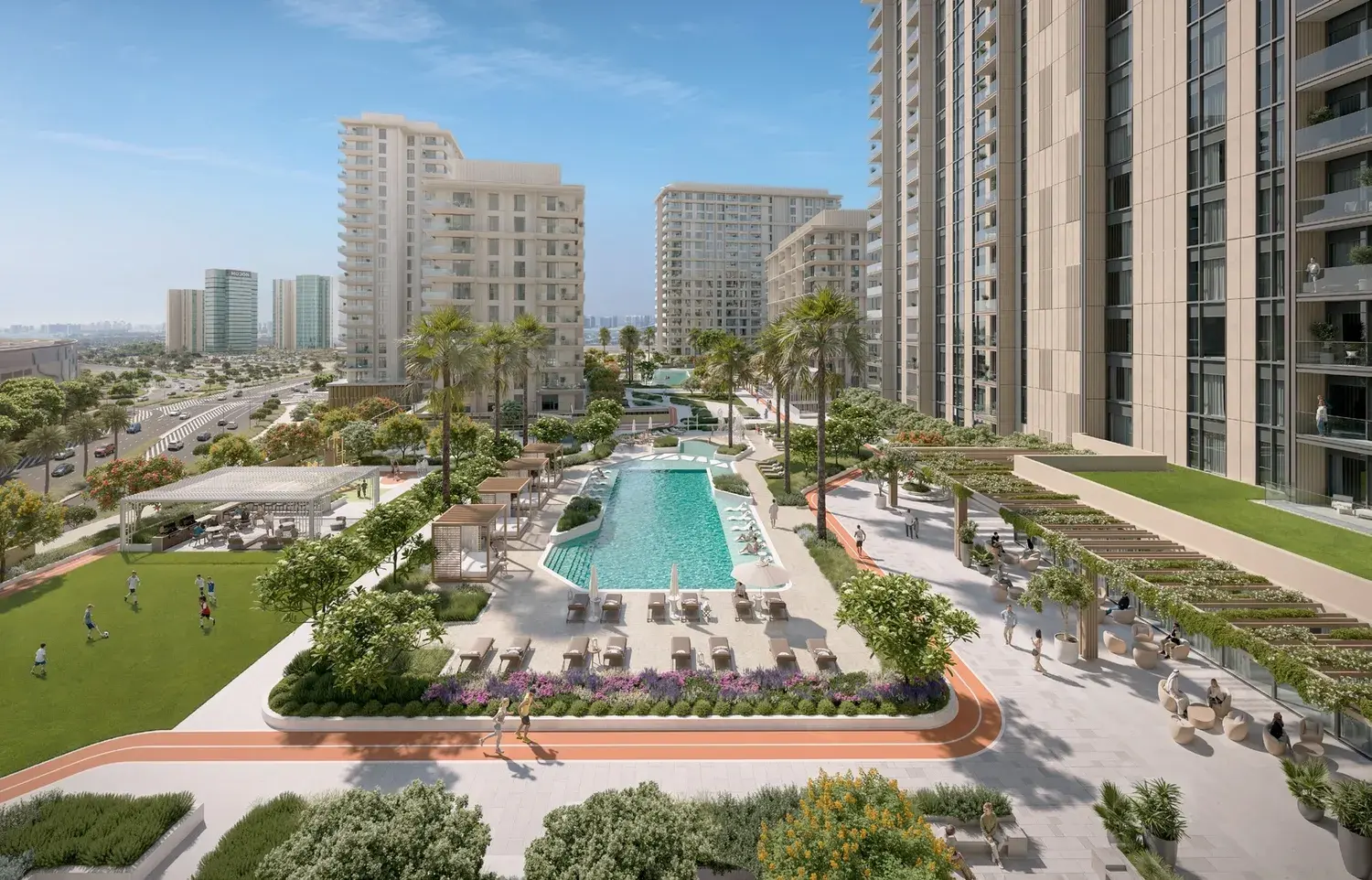 Central swimming pool exterior at Tara Park Al Reem Island Abu Dhabi surrounded by landscaped gardens and residential towers.