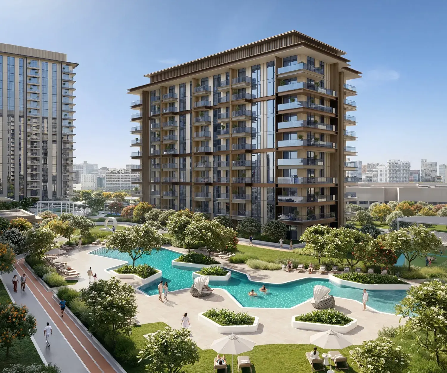 Exterior view of Tara Park Modon Properties Al Reem Island Abu Dhabi with lush public park and pedestrian-friendly walkways.