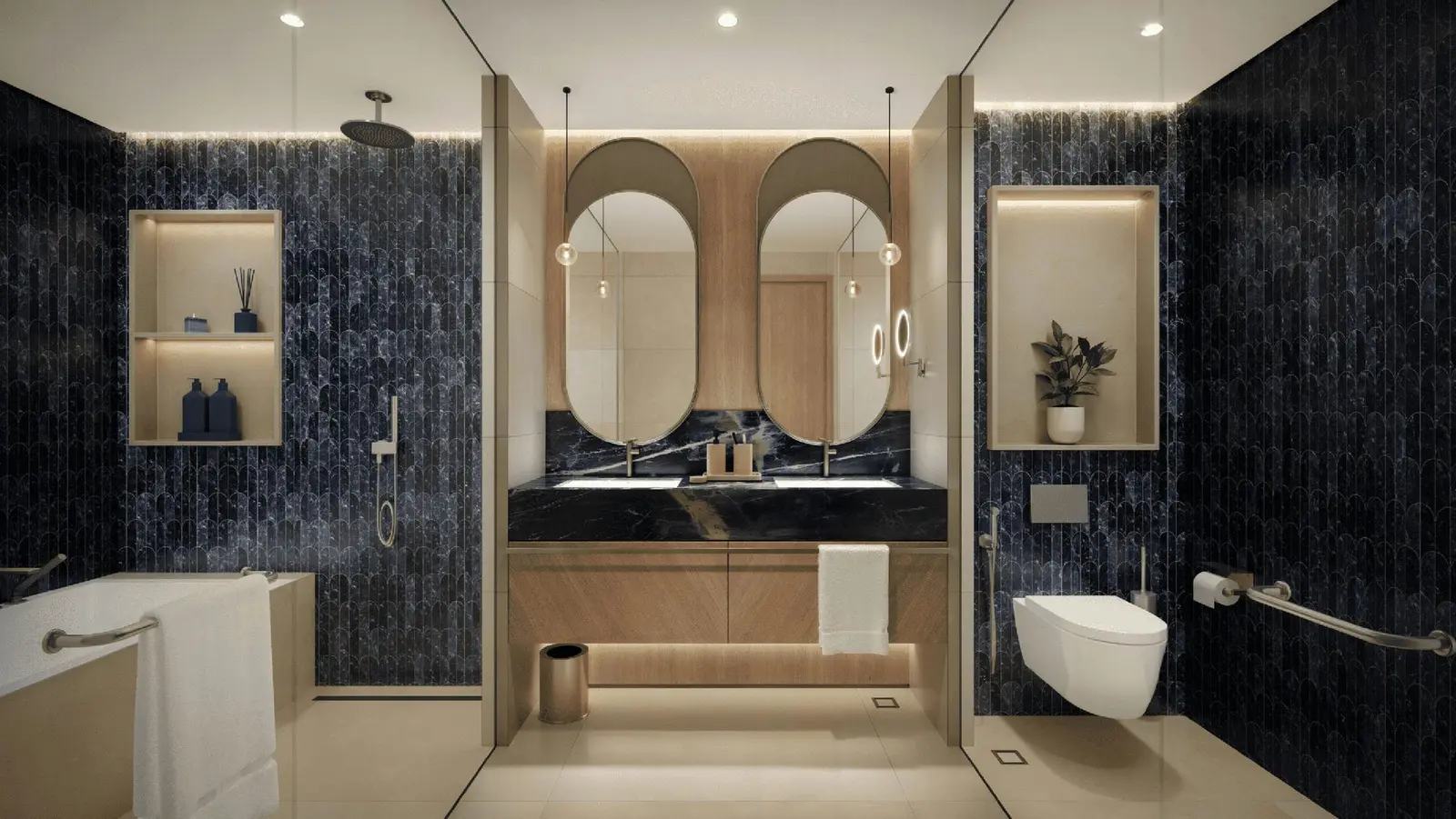 Master suite of a premium Seamount unit with sea view in Abu Dhabi with smart storage features and built-in lighting.jpg