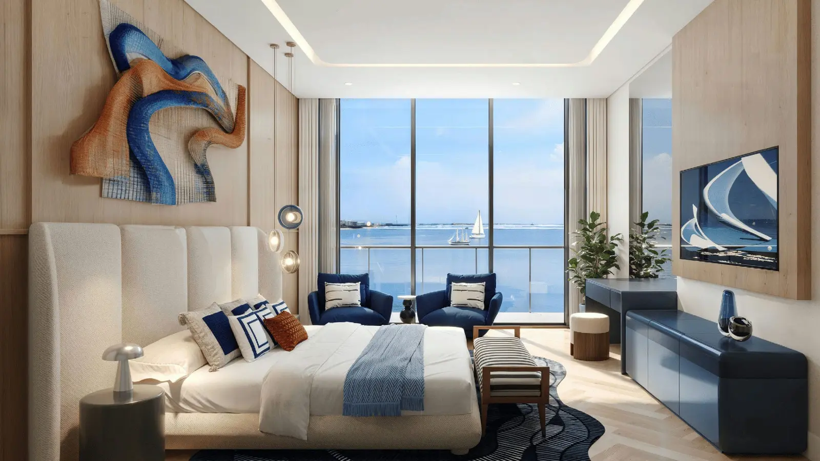 Modren open living and dining room in family-friendly apartment at Seamount Autograph Collection, Reem Island, with playful decor and high class furnishes.jpg