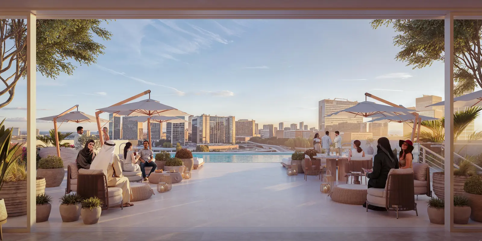 Waterfront pool area at Muheira on Reem Island, Abu Dhabi, featuring sky infinity pool and relaxation spaces..jpg