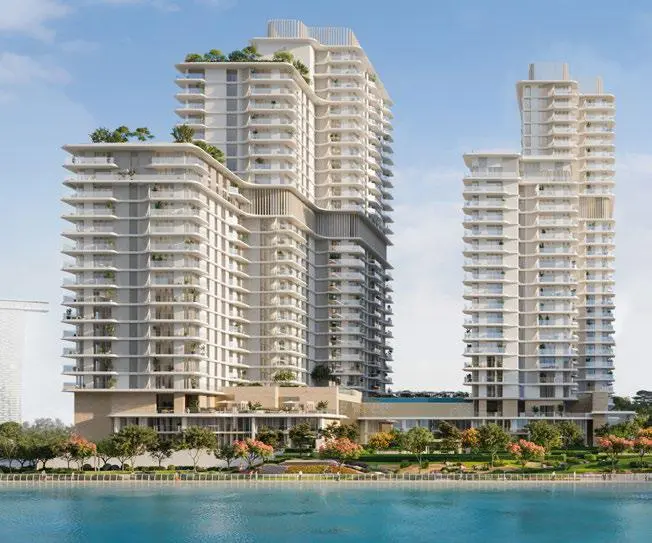 Entrance lobby exterior of Muheira towers on Reem Island, Abu Dhabi, showcasing contemporary design and landscaping..jpg