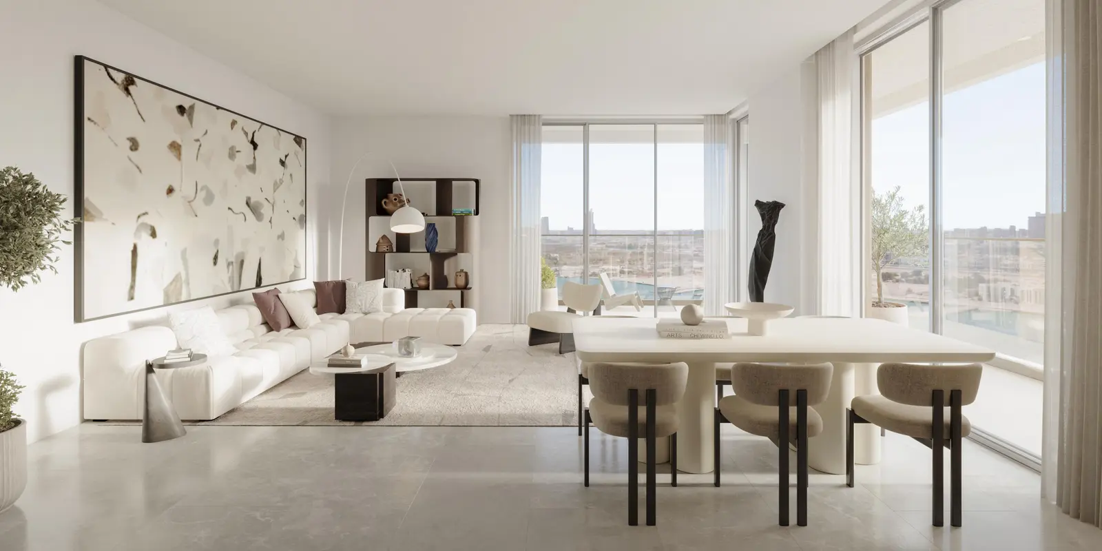 Bedroom with floor-to-ceiling windows in Muheira apartment on Reem Island, Abu Dhabi, offering stunning waterfront and city views..jpg