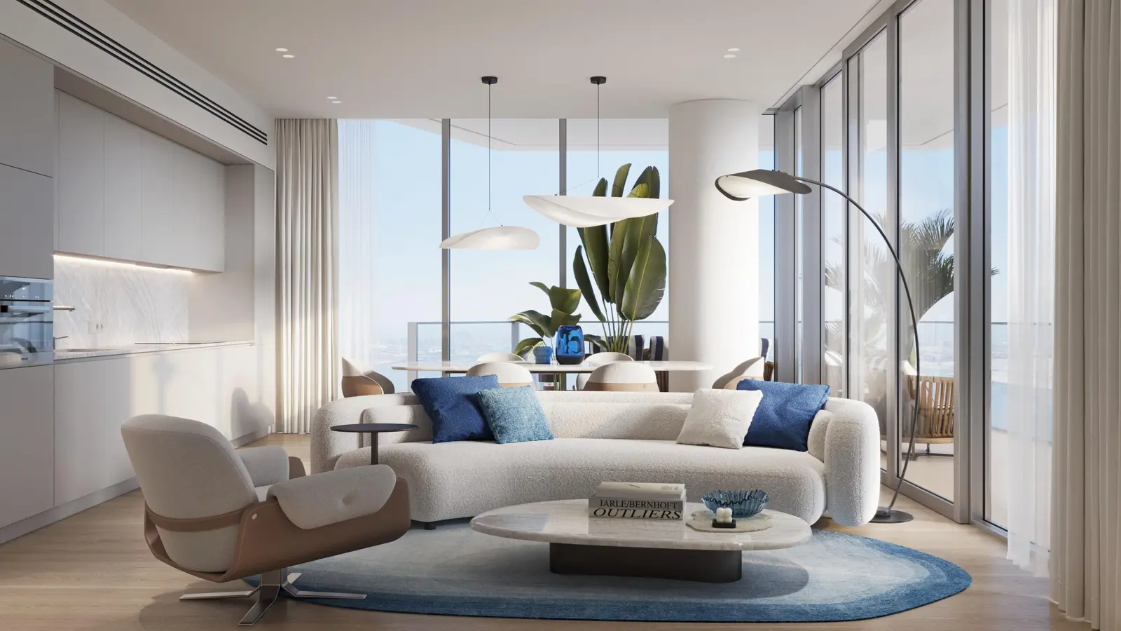 Spacious living room at Riviera Residences Abu Dhabi featuring panoramic windows and modern interior design..jpg
