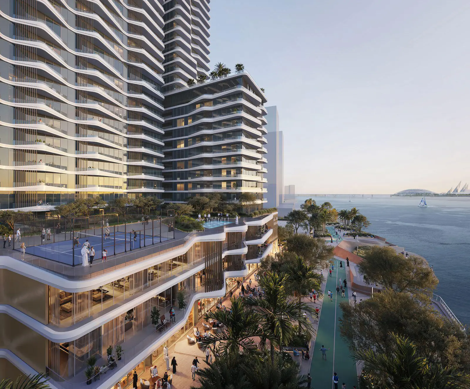 Street-level exterior view of Sunstone Abu Dhabi, a new Al Reem Island project featuring modern design and urban convenience.