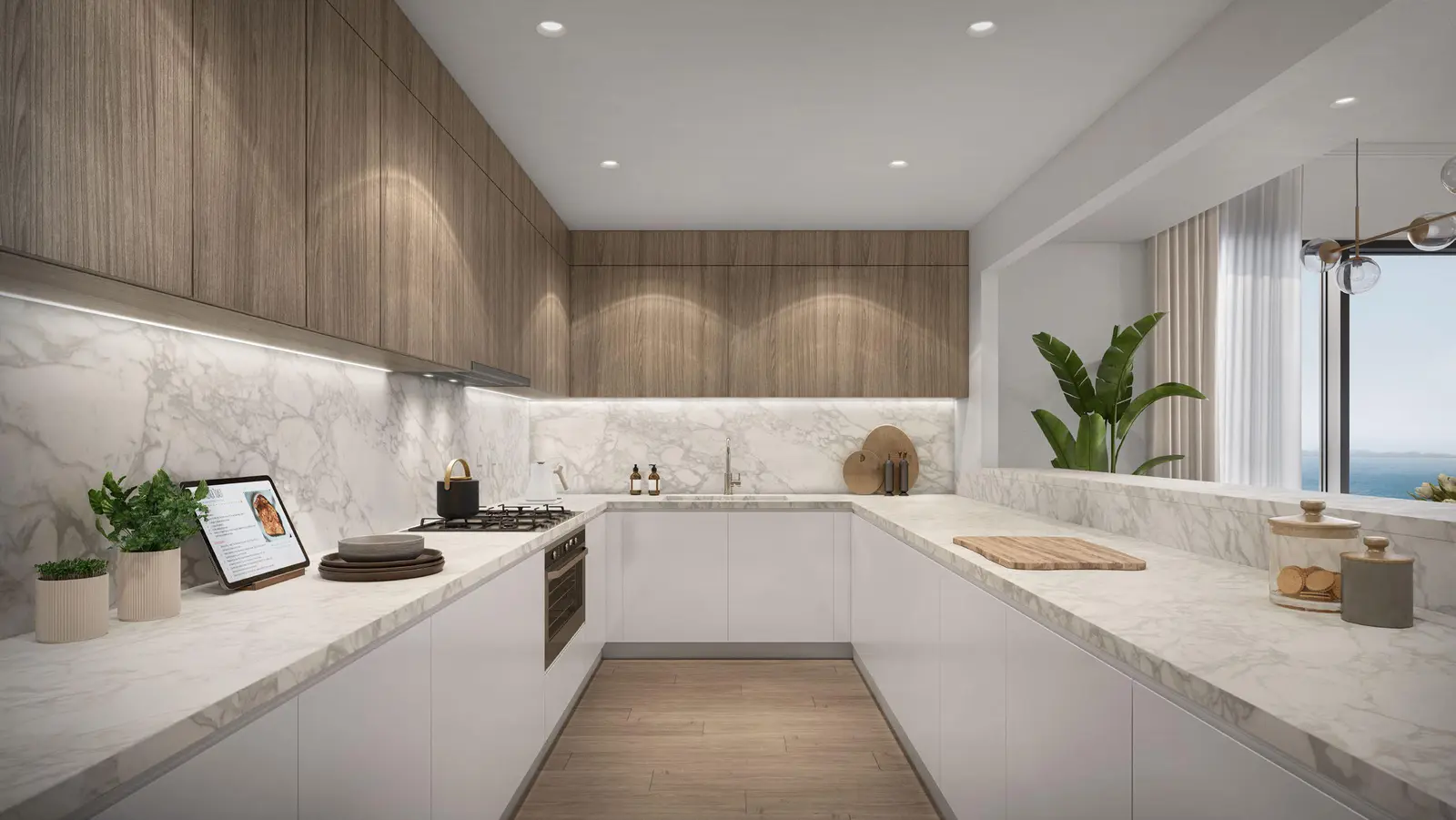 Contemporary kitchen design in Sunstone Abu Dhabi apartments, part of a newly launched project on Al Reem Island.