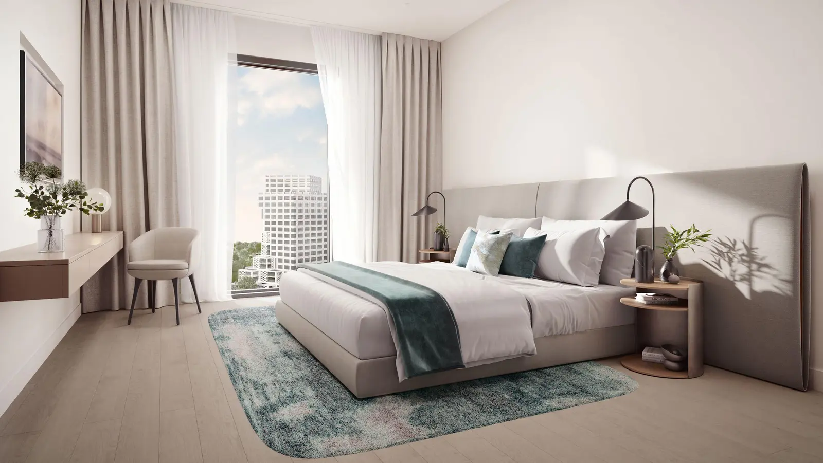 Premium bedroom interior at Sunstone Al Reem Island, offering elegant design and comfort in Abu Dhabi’s upcoming residential project.