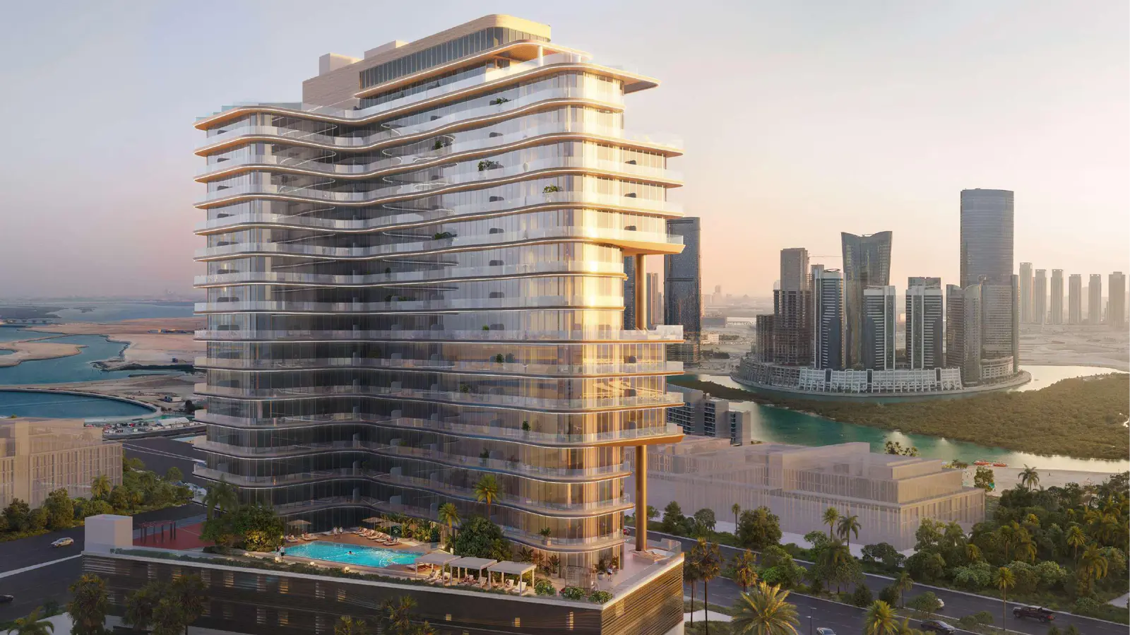 Aerial view of newly launched A1LA Residence by Object 1 on Al Reem Island, Abu Dhabi, showing luxury apartments and landscaped surroundings.