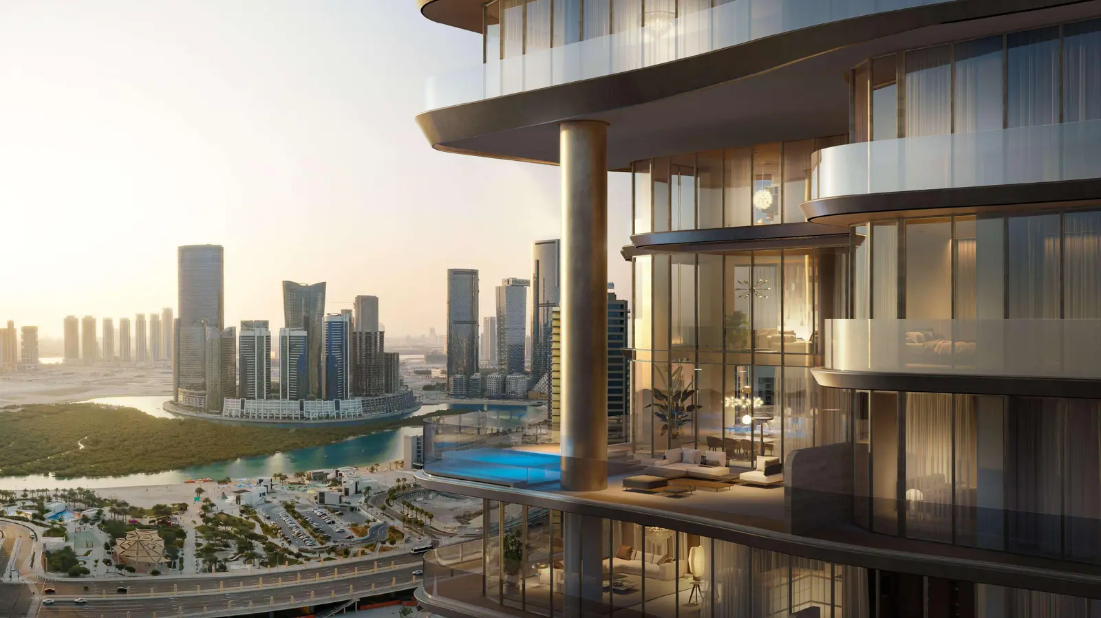 Sunset exterior of A1LA Residence towers on Al Reem Island, Abu Dhabi, highlighting modern architecture and elegant urban living.