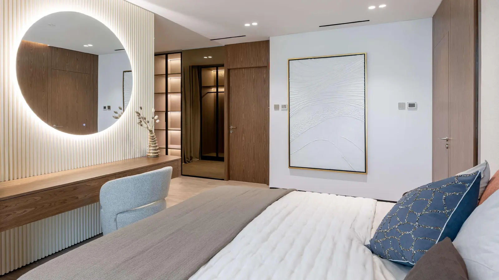 Master bedroom in 2-bedroom apartment at A1LA Residence by Object 1, Al Reem Island, Abu Dhabi, with natural light and luxury design.