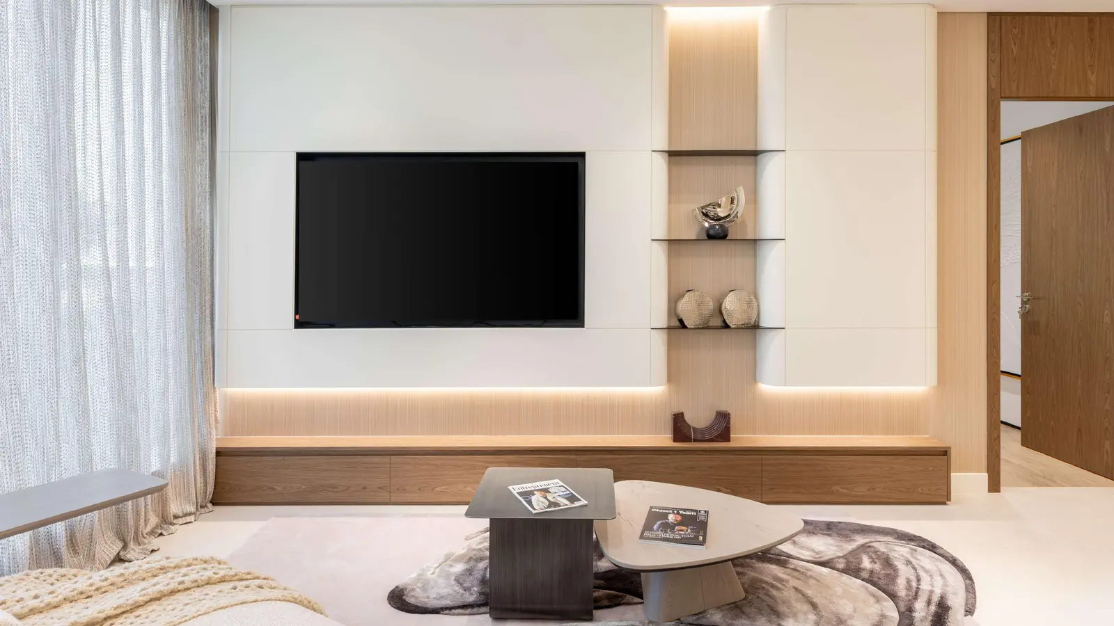 Stylish interiors of A1LA Residence showcasing natural textures, soft neutrals, and luxury design on Al Reem Island, Abu Dhabi.