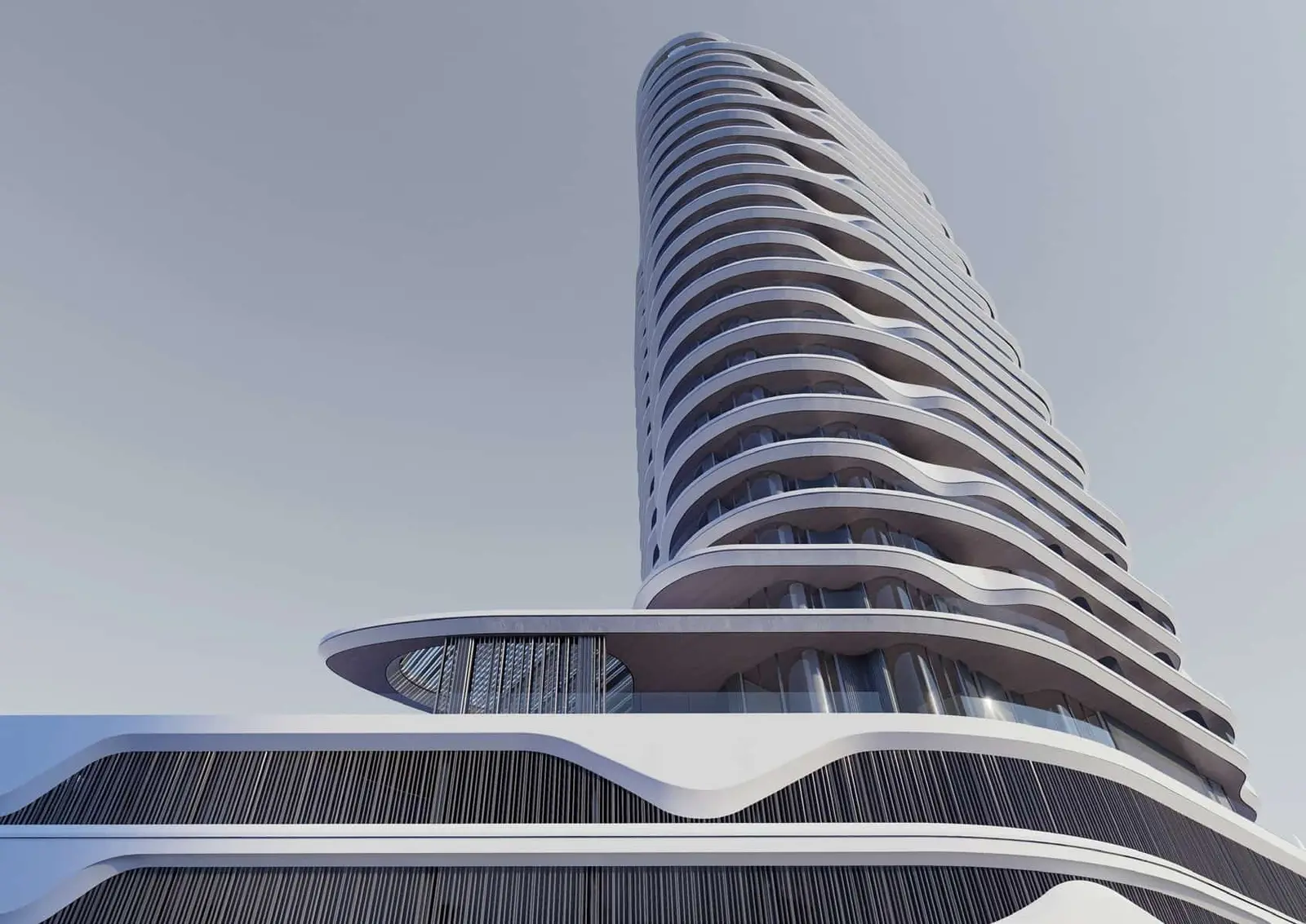 Flow25 residential tower exterior on Al Reem Island Abu Dhabi featuring curved balconies, waterfront views, and contemporary architectural design.