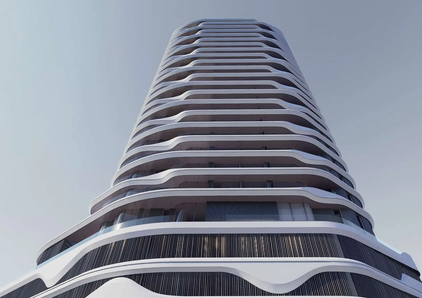 Modern exterior view of Flow25 Abu Dhabi showcasing sleek high-rise façade, panoramic sea outlook, and luxury waterfront lifestyle.