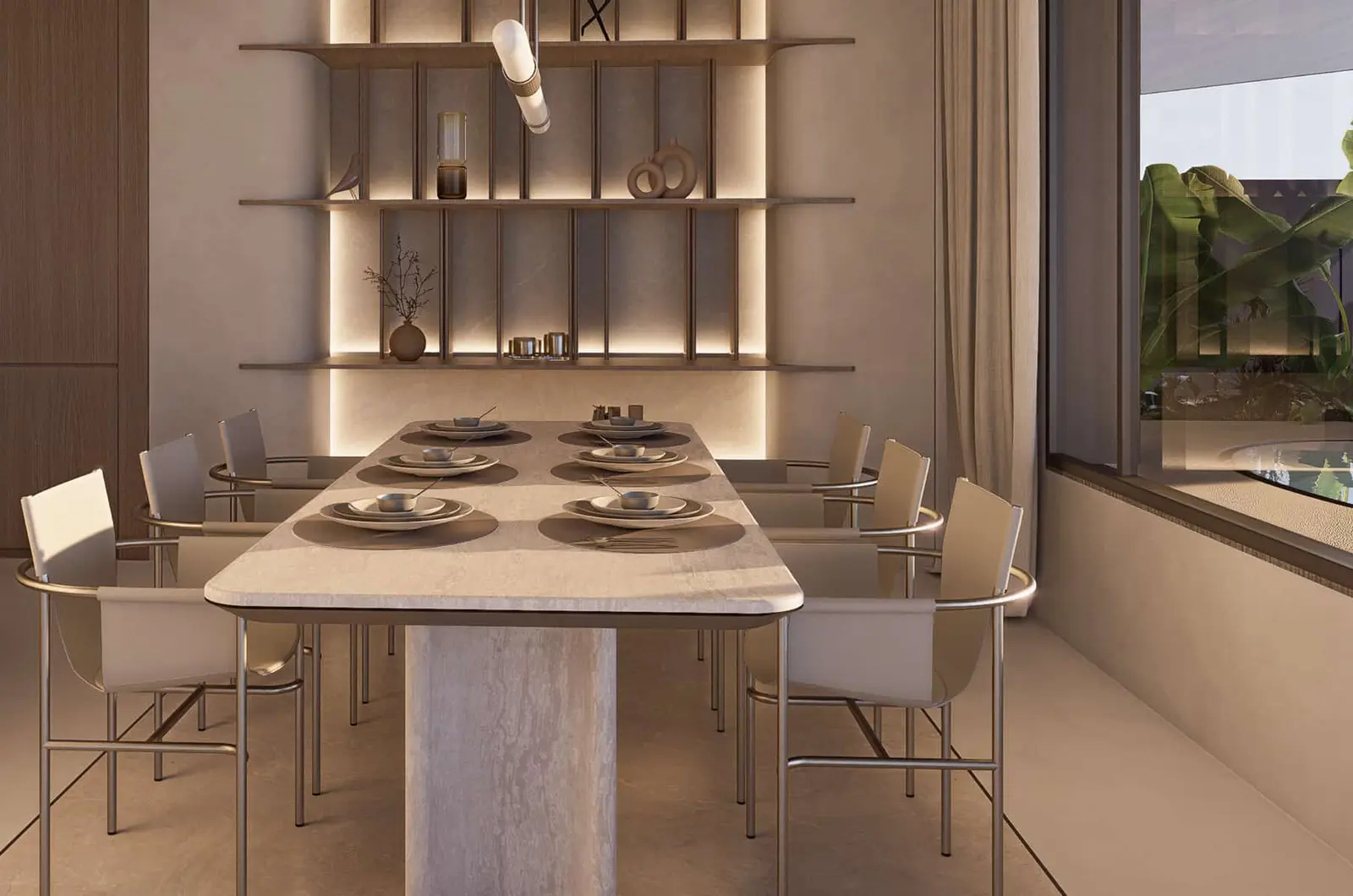 Open-plan living and dining area at Flow25 Al Reem Island featuring panoramic windows, modern décor, and bright contemporary waterfront ambiance.