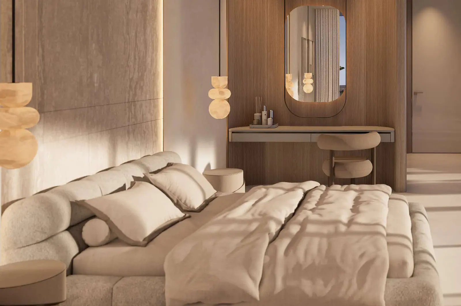 Premium master bedroom suite in Flow25 Abu Dhabi showcasing elegant finishes, spacious layout, and calming luxury residential interior design.