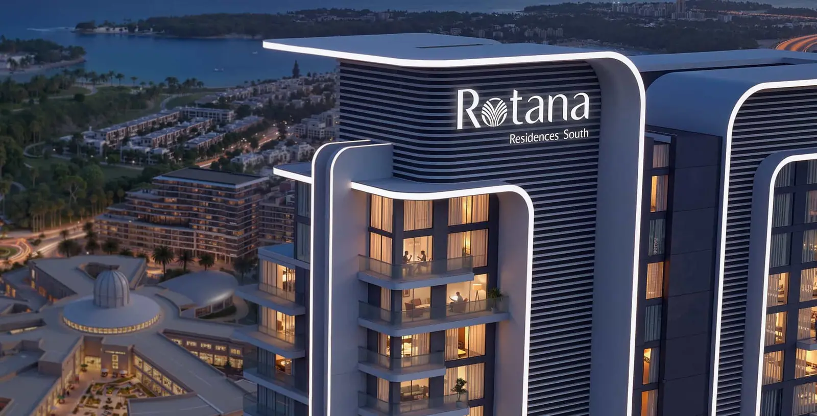Architectural exterior of Rotana Residences on Al Reem Island, Abu Dhabi, UAE emphasizing Rotana‑branded luxury, contemporary aesthetics, and high‑end residential design