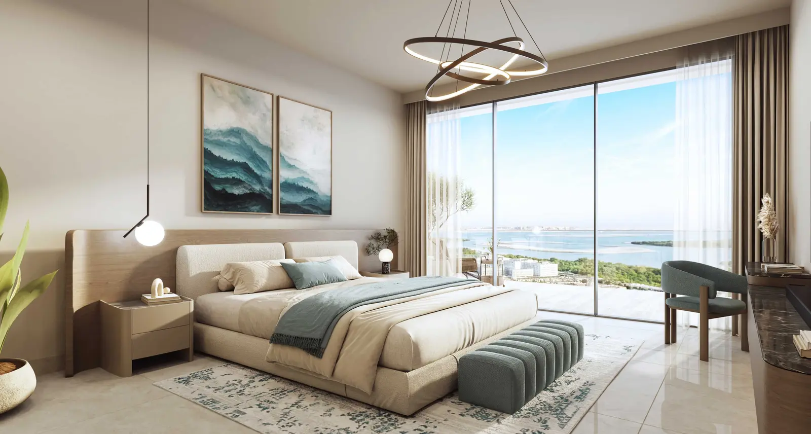 Elegant bedroom interior at Rotana Residences Al Reem Island, Abu Dhabi, UAE showcasing soft lighting, modern décor, and a serene luxury atmosphere