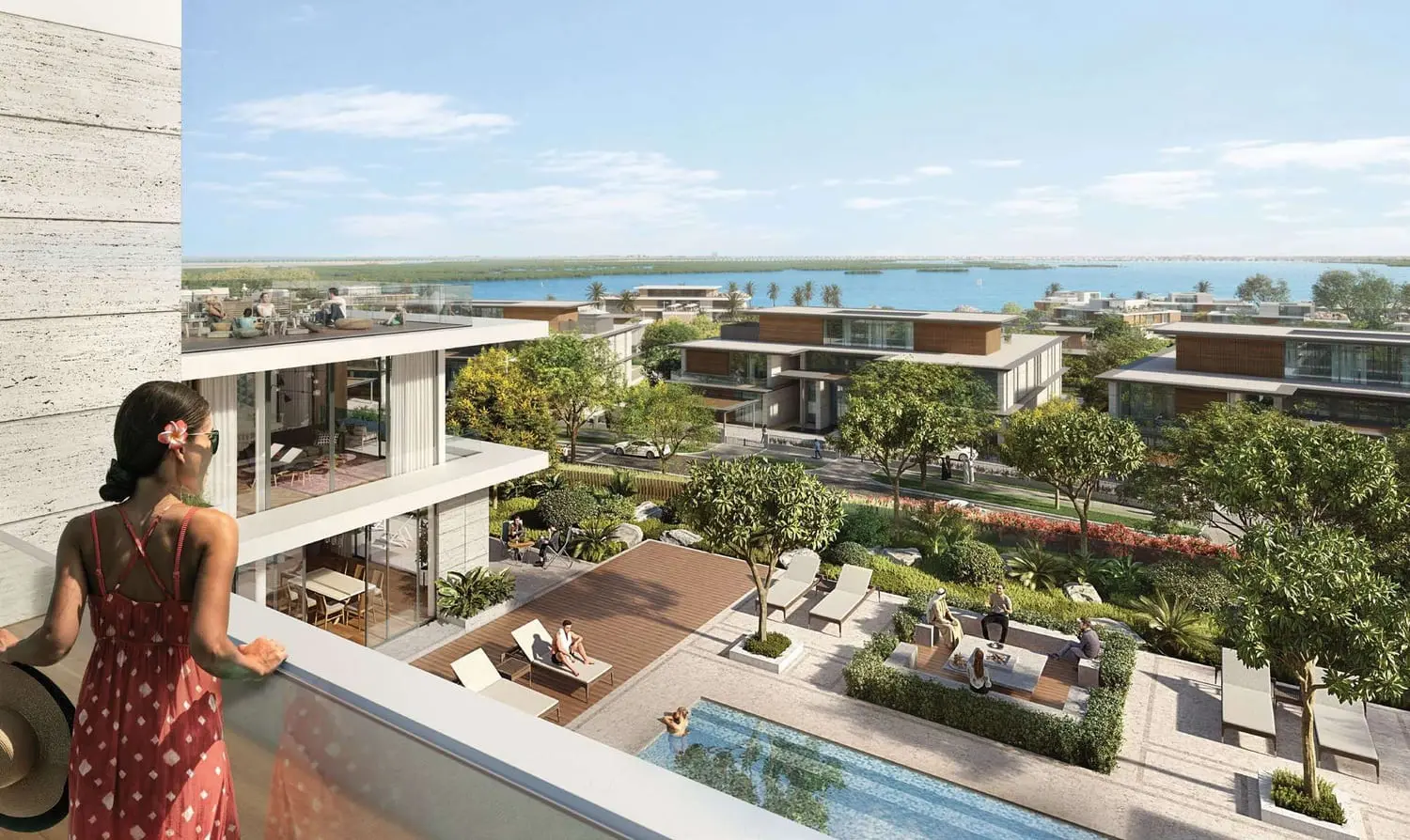 Waterfront surroundings of Reem Hills Villas at Al Reem Island with scenic canal and green spaces.