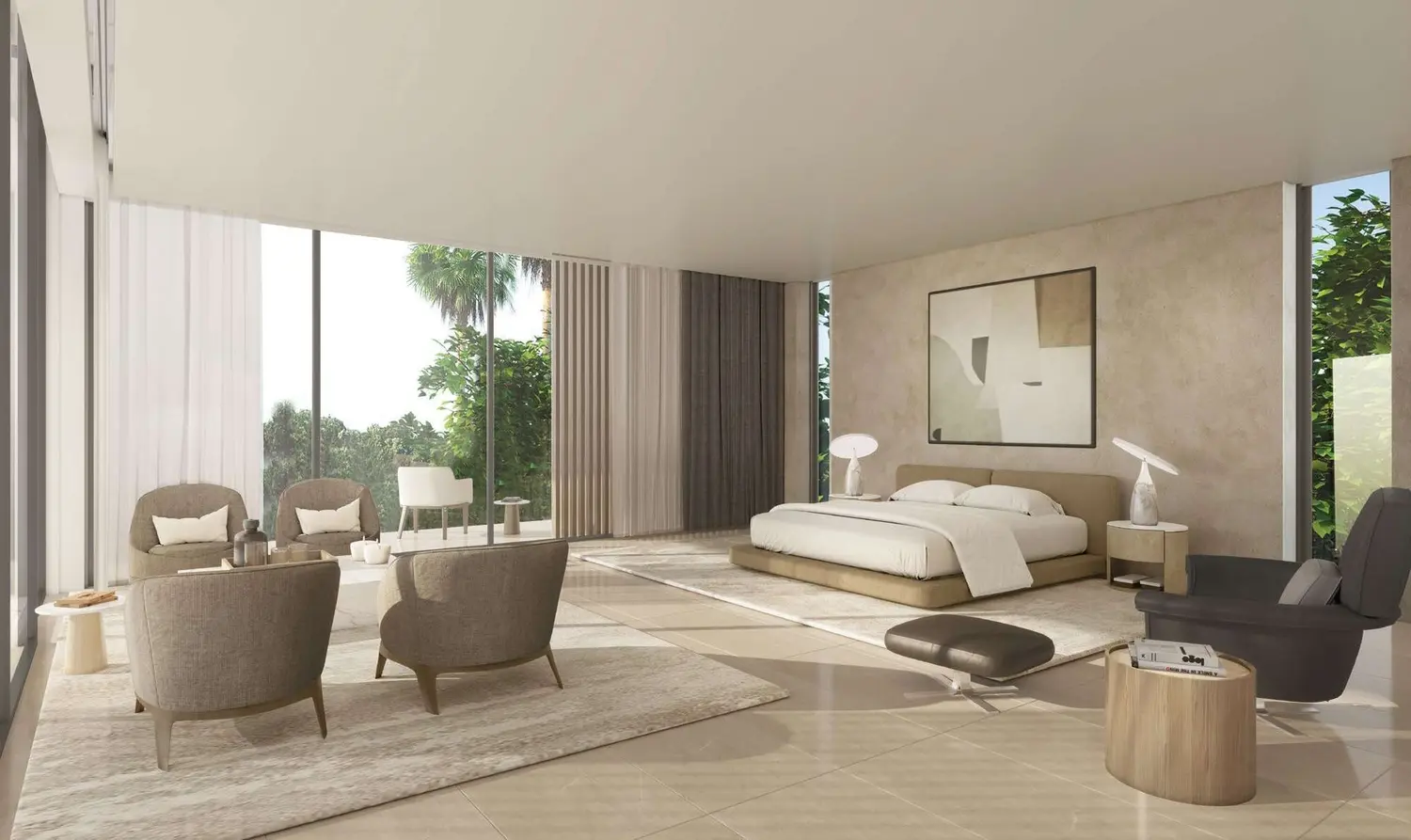 Master bedroom inside Reem Hills Villas at Al Reem Island featuring elegant modern residential interiors.