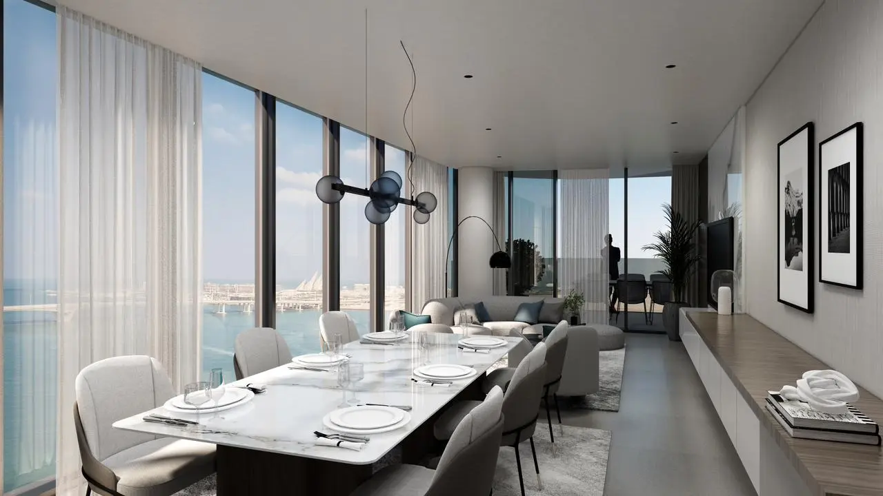 Premium apartment interiors at Marlin Reportage with panoramic waterfront views in Abu Dhabi.