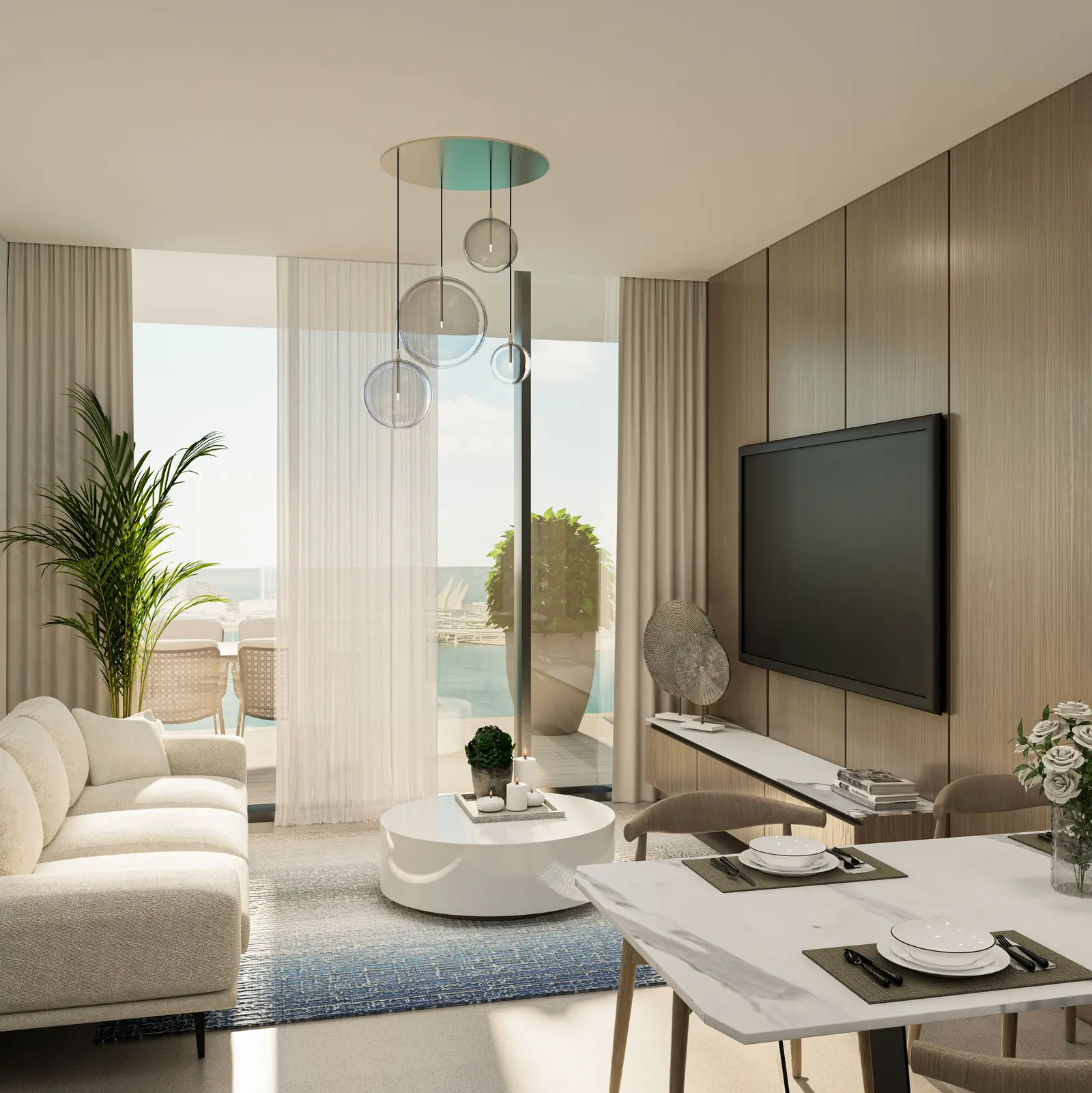 Modern living room interiors at Marlin Reportage apartments on Al Reem Island, Abu Dhabi.