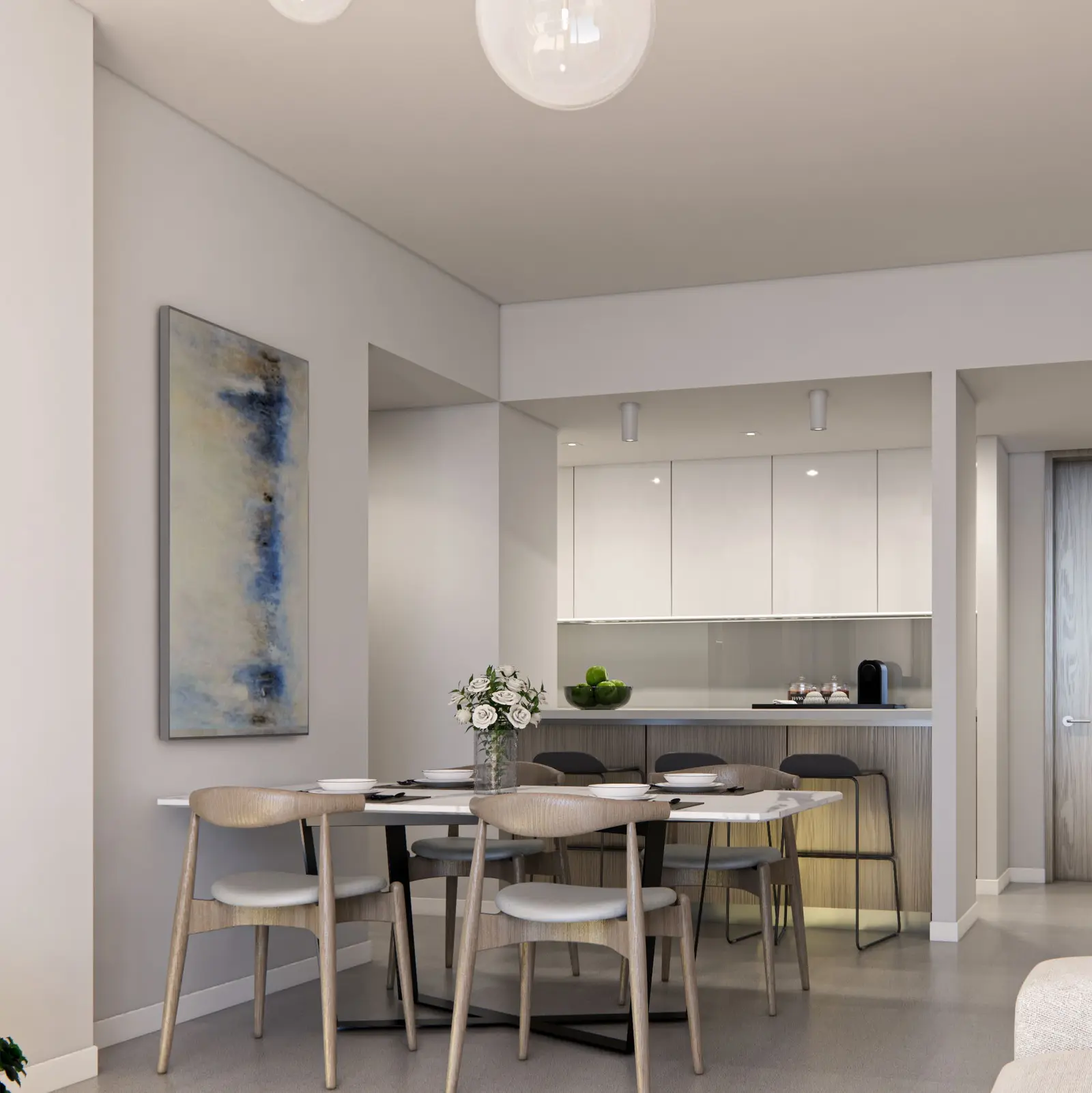 Spacious dining and kitchen areas within Marlin Reportage residences on Al Reem Island.