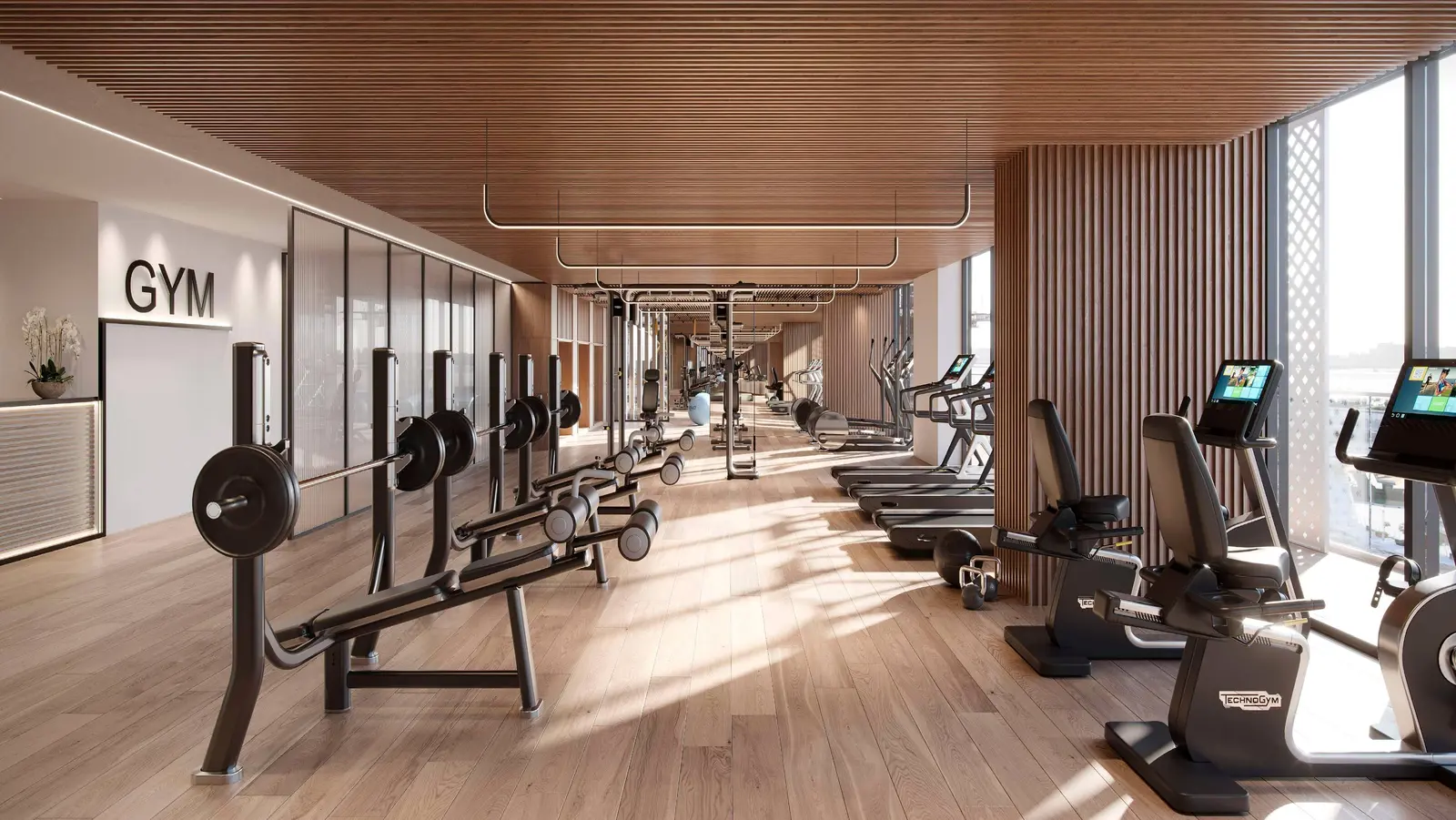Gym Luxurious master bedroom at Reem Eleven with soft tones, elegant textures, and expansive windows for a serene retreat.