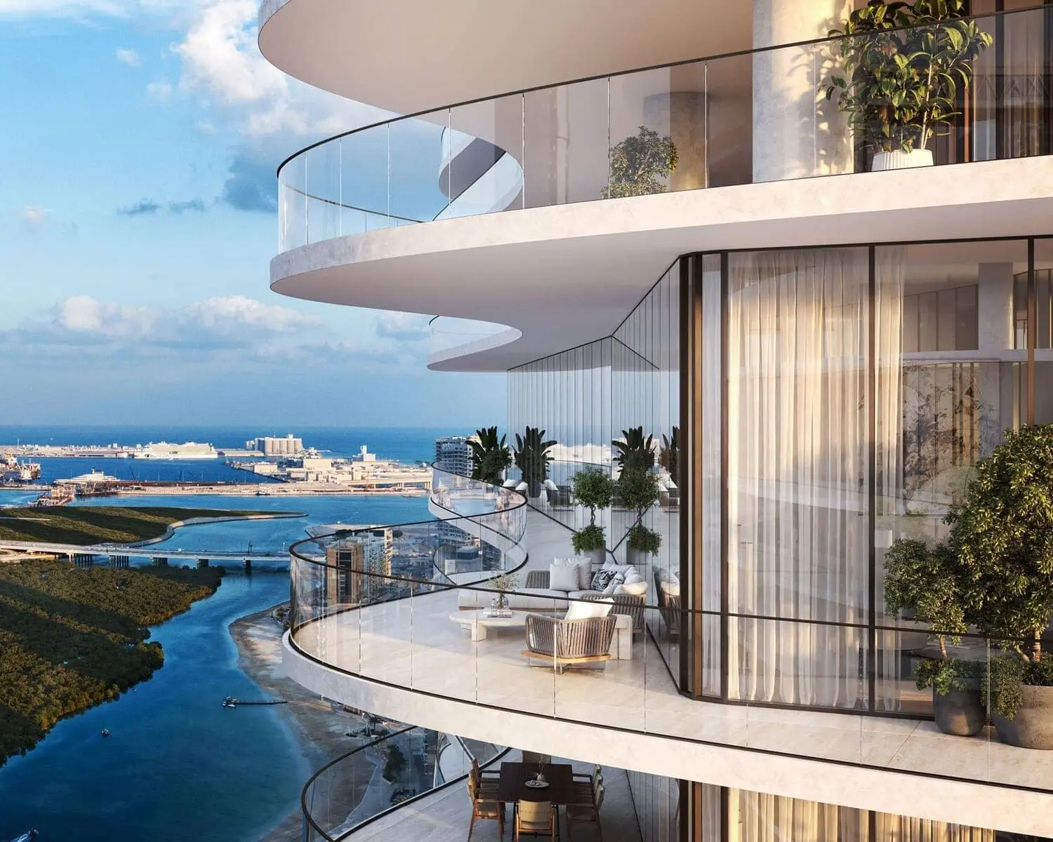 SAAS Heights Abu Dhabi podium level exterior Al Reem Island featuring landscaped outdoor areas and resort-style architecture design.