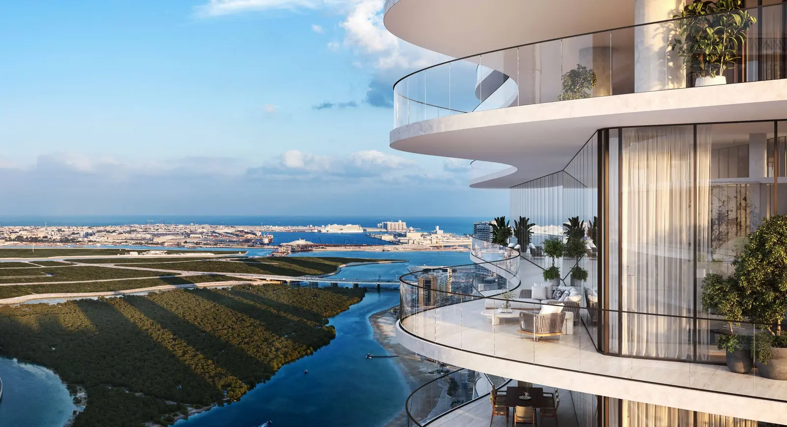 Evening skyline exterior of SAAS Heights luxury waterfront residences Al Reem Island Abu Dhabi with illuminated tower facade.