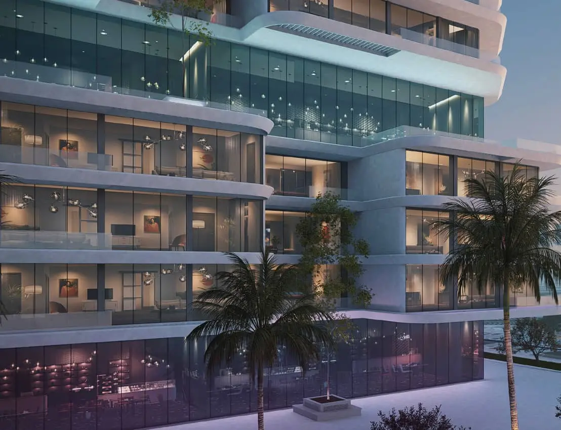 Seaside façade of The Artery Residences showcasing bold modern architecture and premium coastal living.