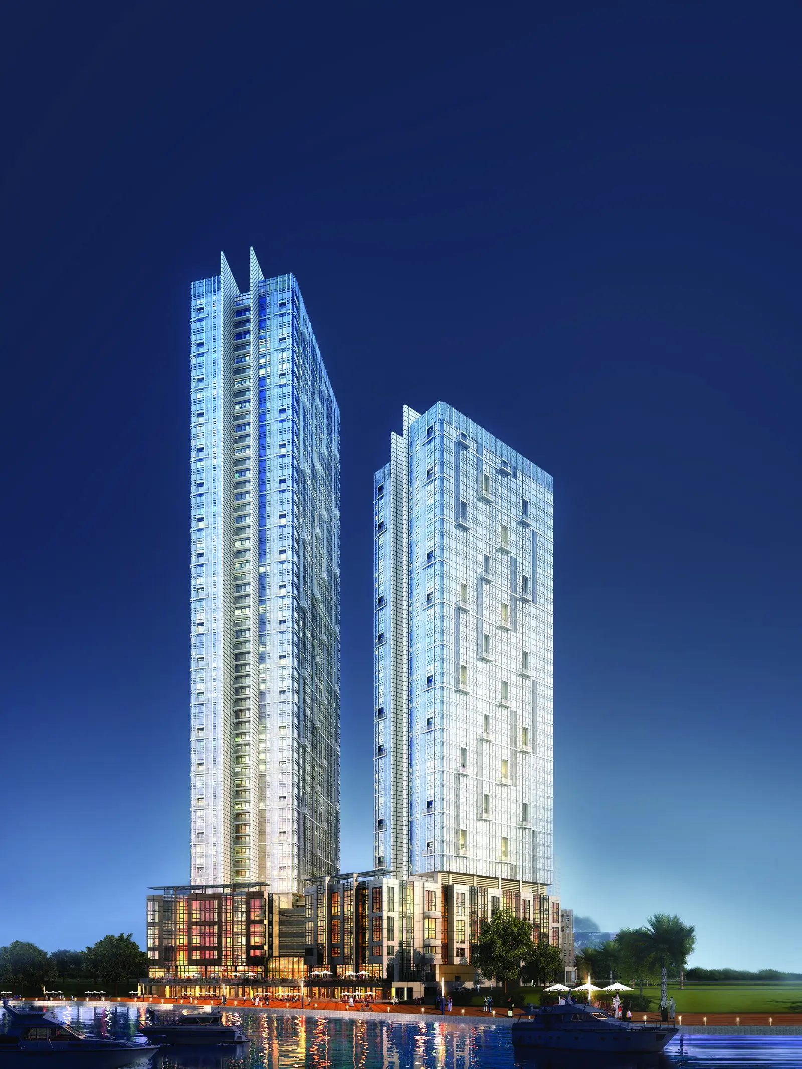 Modern tower elevation of Horizon Towers within City of Lights development.