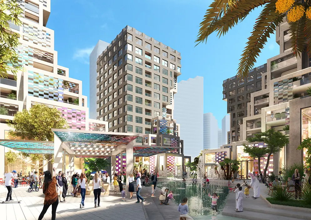 Pixel Abu Dhabi exterior showcasing modern waterfront architecture and vibrant community design.