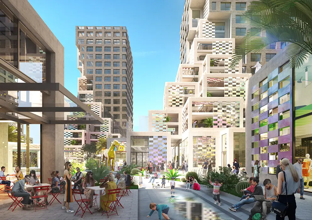 Contemporary façade of Pixel at Al Reem Island with pedestrian‑friendly walkways and open public spaces.