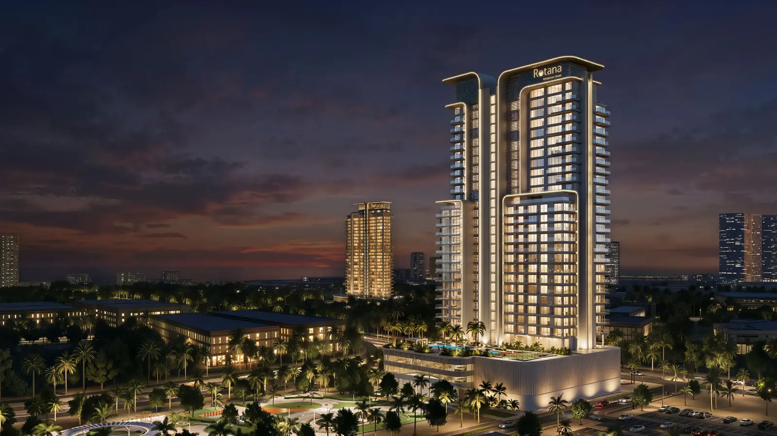 Exterior view of Rotana Residences luxury apartments Al Reem Island Abu Dhabi with landscaped outdoor pool and premium residential skyline.