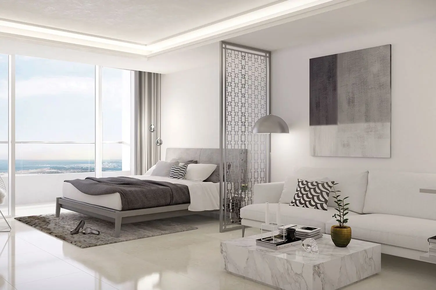 Elegant master bedroom at Julphar Residence with premium contemporary finishes.