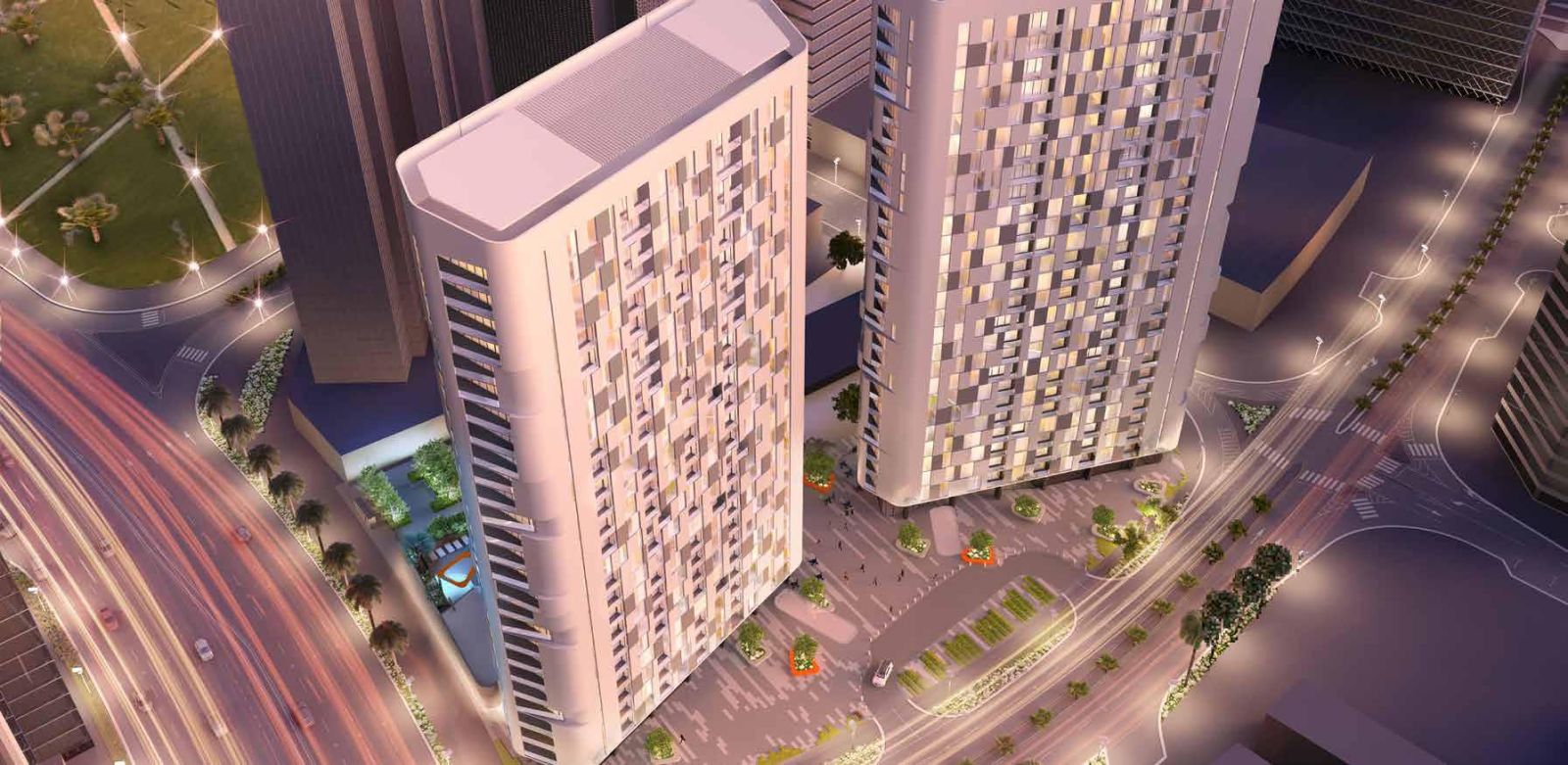 Meera Shams Abu Dhabi twin towers on Al Reem Island featuring modern luxury apartments and landscaped surroundings
